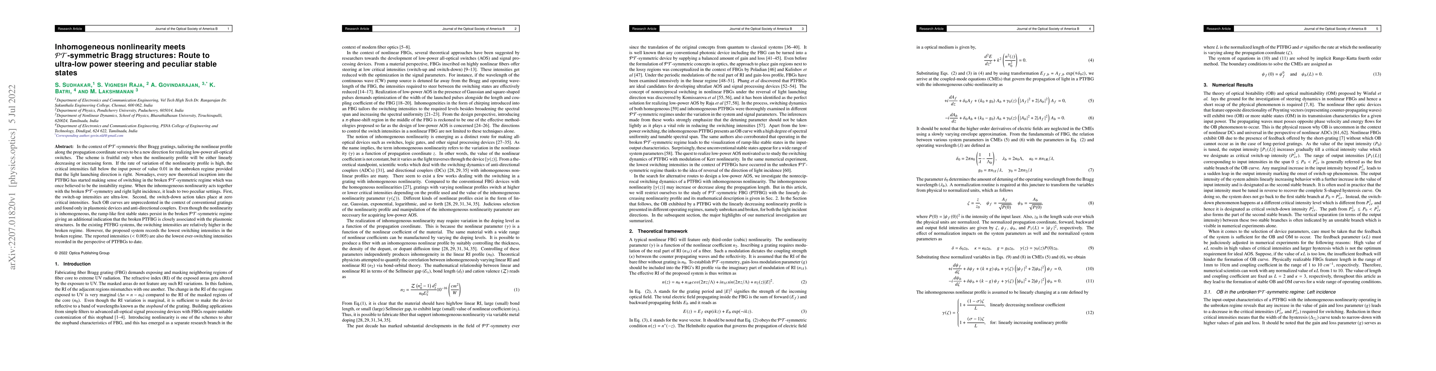 Thumbnail for Inhomogeneous nonlinearity meets $\mathcal{PT}$-symmetric Bragg
  structures: Route to ultra-low power steering and peculiar stable states