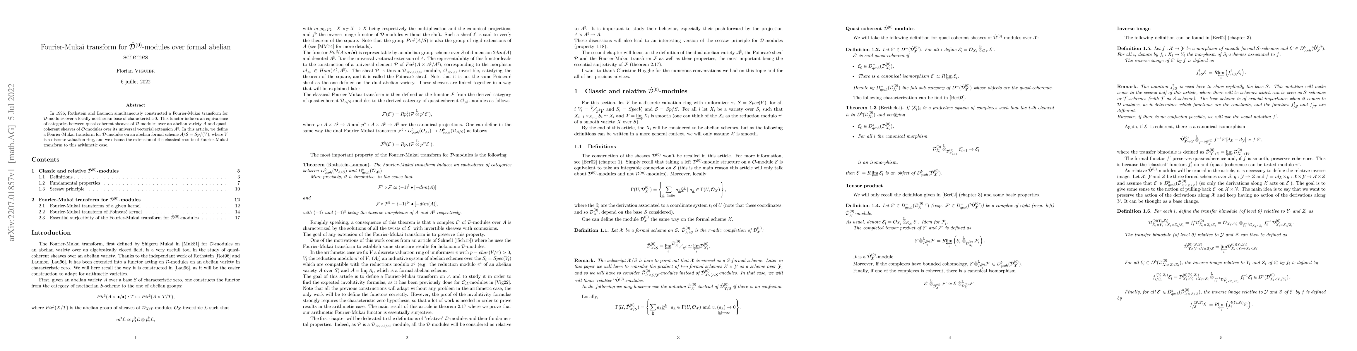 Thumbnail for Fourier-Muka\"i transform for $\mathcal{D}^{(0)}$-modules over formal
  abelian schemes