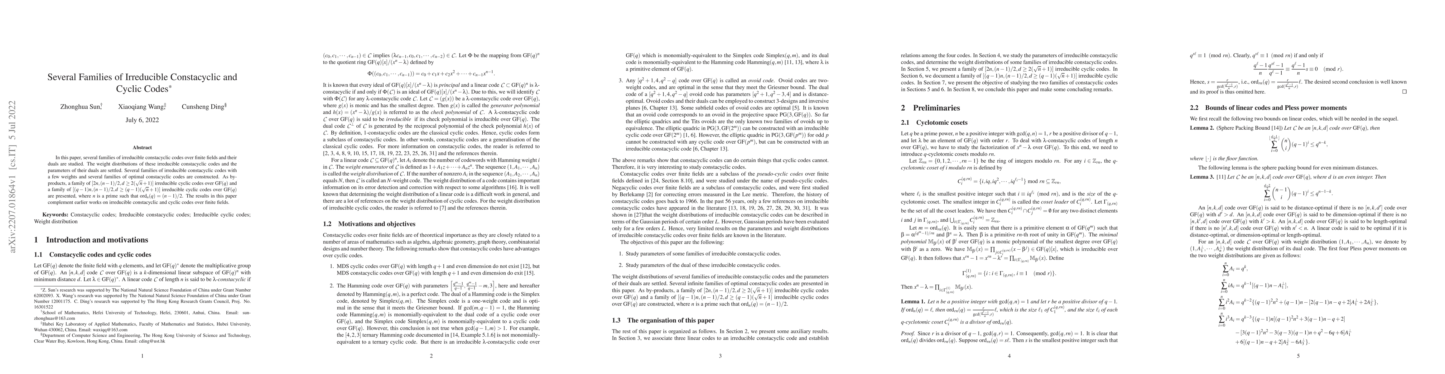 Thumbnail for Several Families of Irreducible Constacyclic and Cyclic Codes