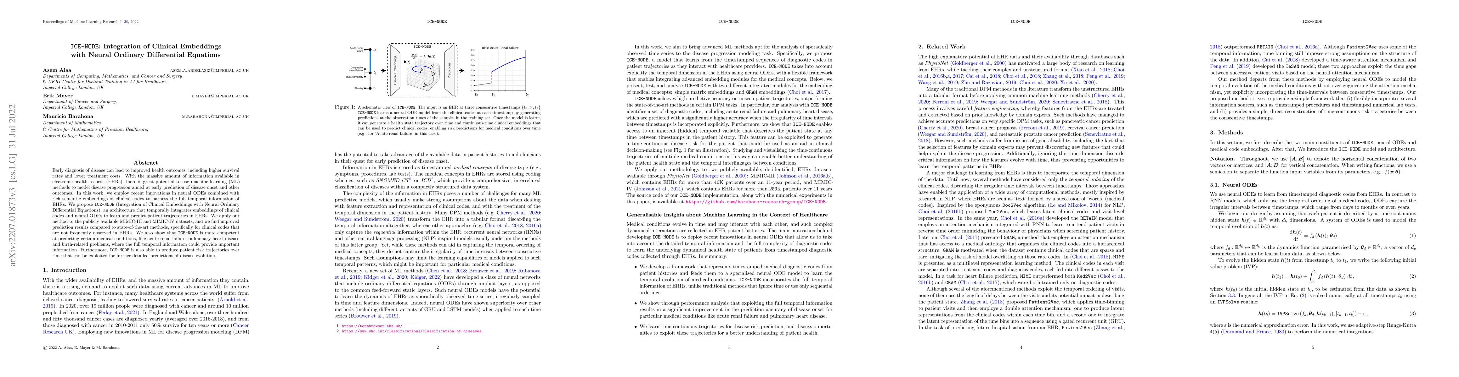 Thumbnail for ICE-NODE: Integration of Clinical Embeddings with Neural Ordinary
  Differential Equations