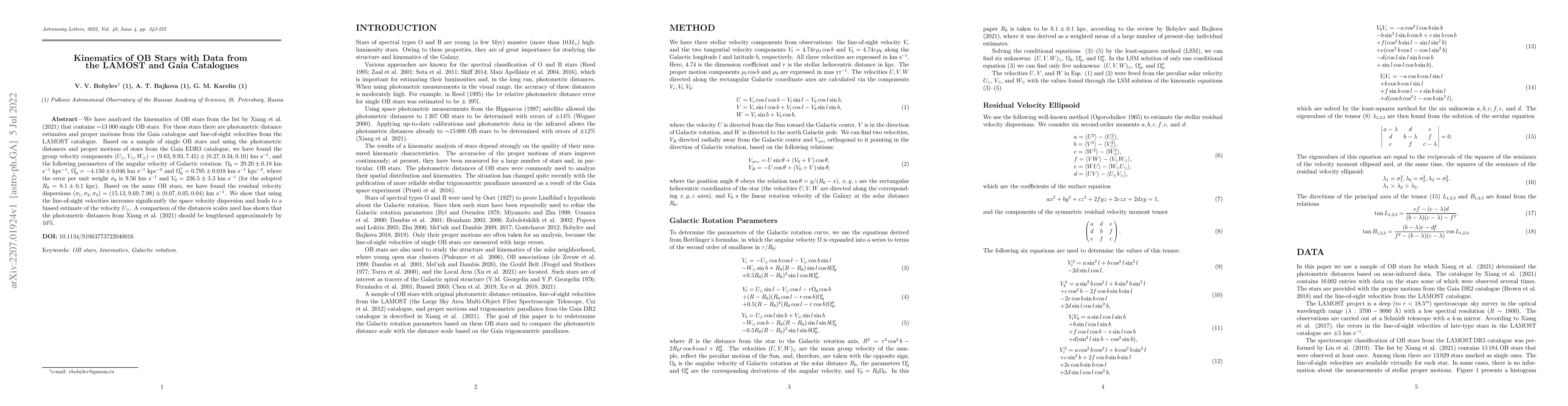 Thumbnail for Kinematics of OB Stars with Data from the LAMOST and Gaia Catalogues