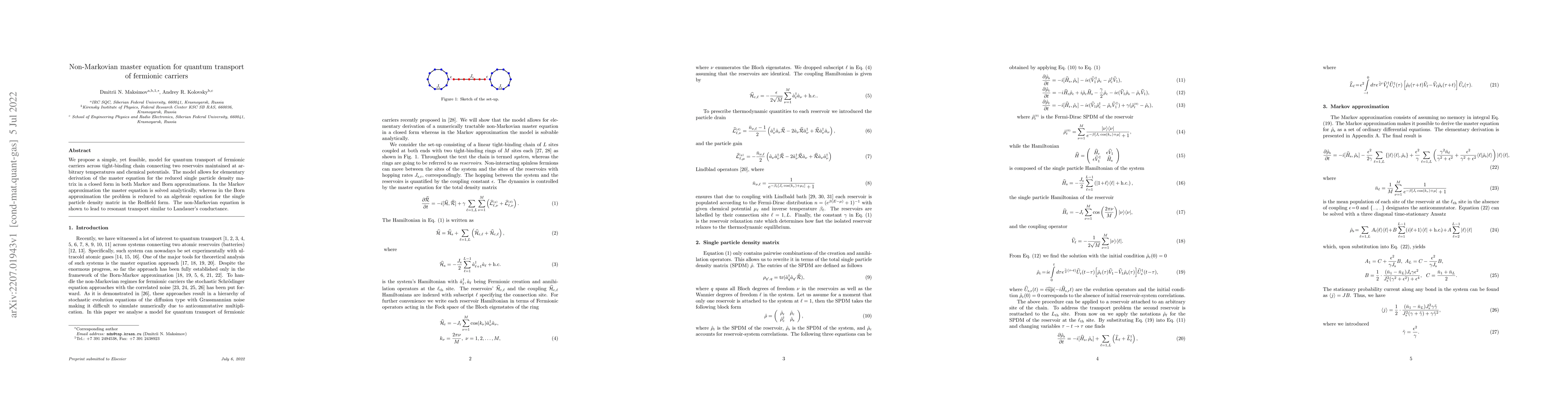 Thumbnail for Non-Markovian master equation for quantum transport of fermionic
  carriers