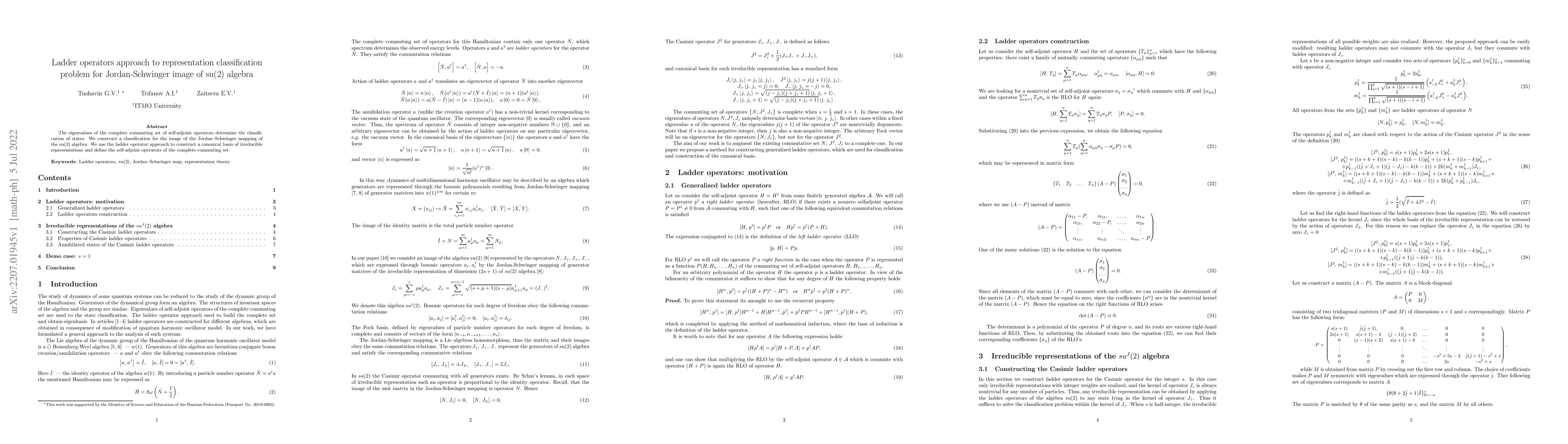 Thumbnail for Ladder operators approach to representation classification problem for
  Jordan-Schwinger image of su(2) algebra
