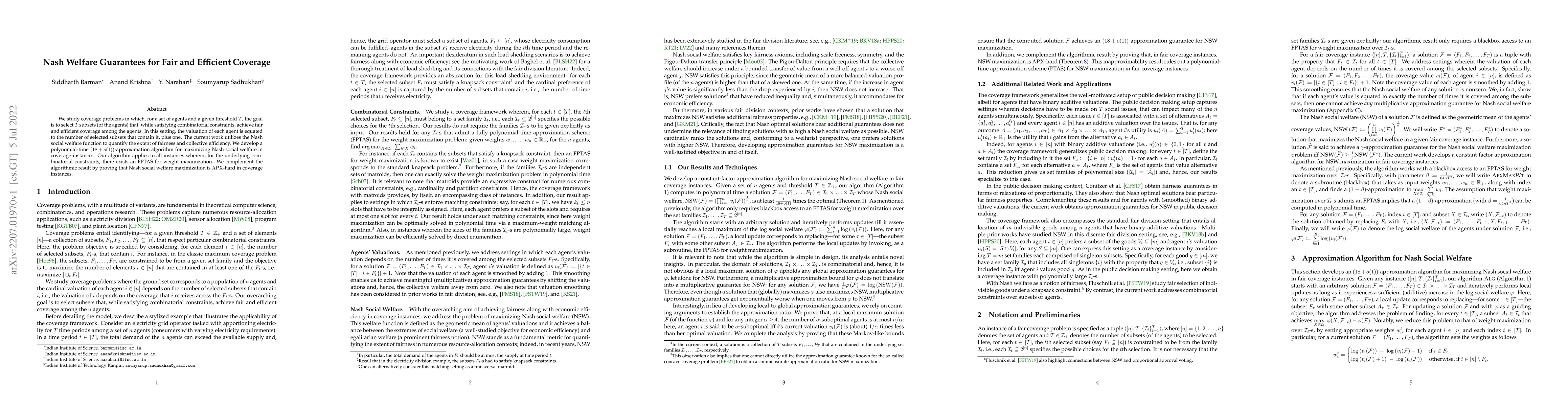 Thumbnail for Nash Welfare Guarantees for Fair and Efficient Coverage