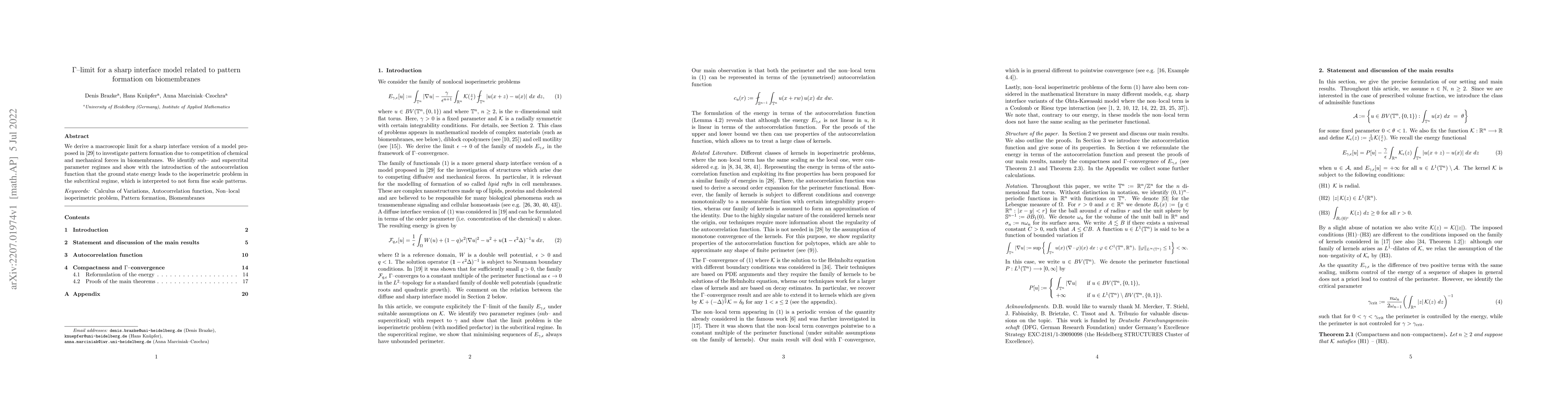 Thumbnail for $\Gamma$-limit for a sharp interface model related to pattern formation
  on biomembranes