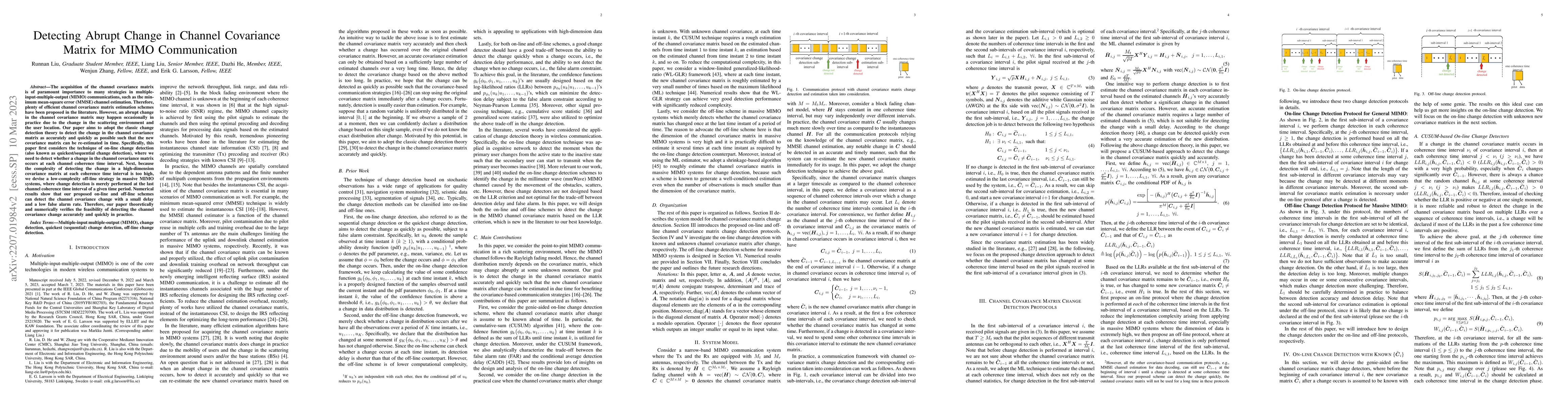 Thumbnail for Detecting Abrupt Changes in Channel Covariance Matrix for MIMO
  Communication