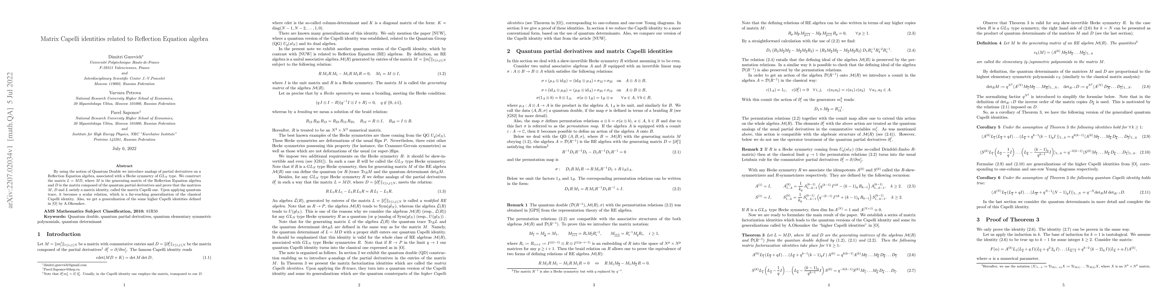 Thumbnail for Matrix Capelli identities related to Reflection Equation algebra