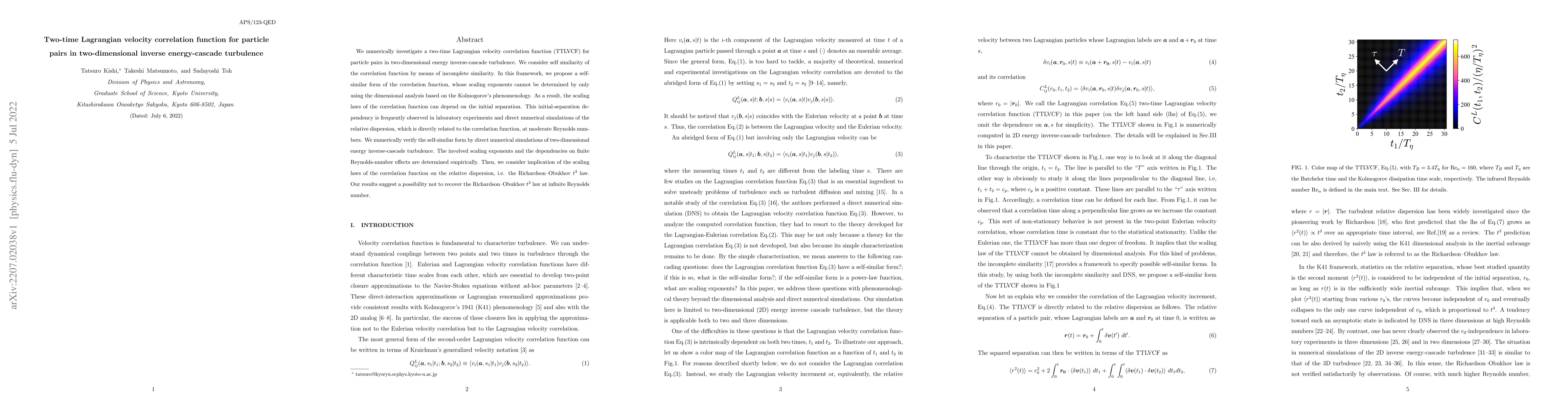 Thumbnail for Two-time Lagrangian velocity correlation function for particle pairs in
  two-dimensional inverse energy-cascade turbulence