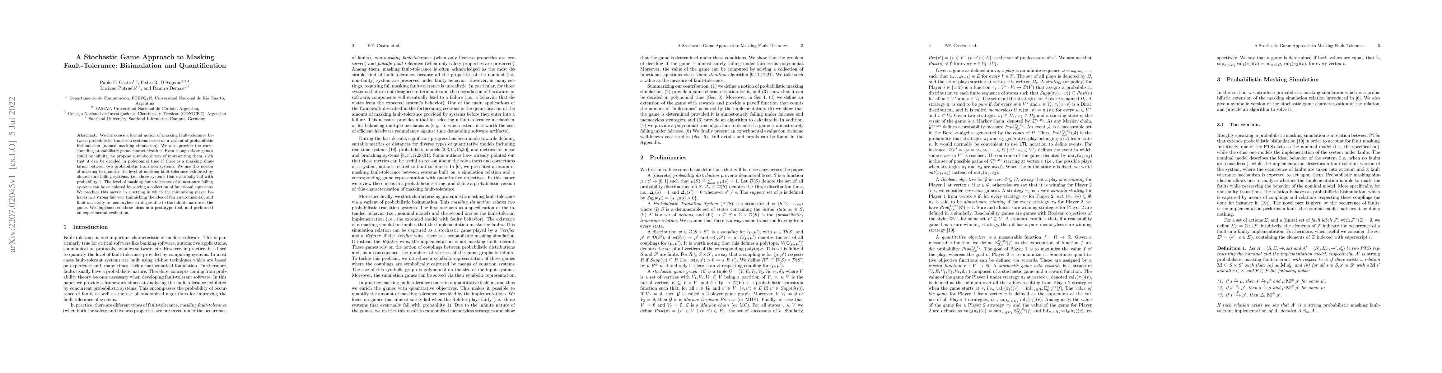 Thumbnail for A Stochastic Game Approach to Masking Fault-Tolerance: Bisimulation and
  Quantification
