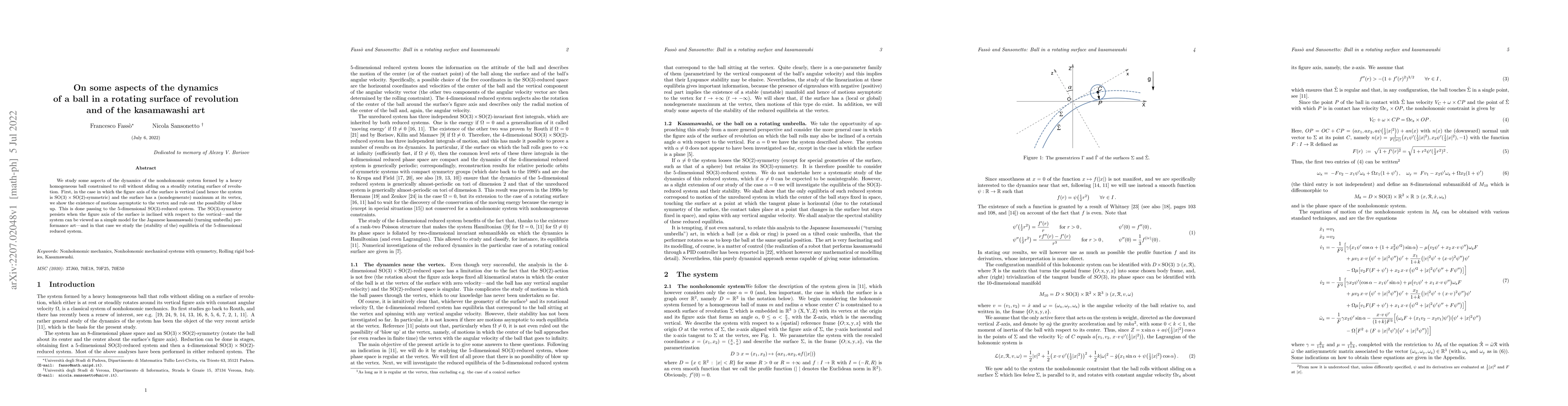 Thumbnail for On some aspects of the dynamics of a ball in a rotating surface of
  revolution and of the kasamawashi art