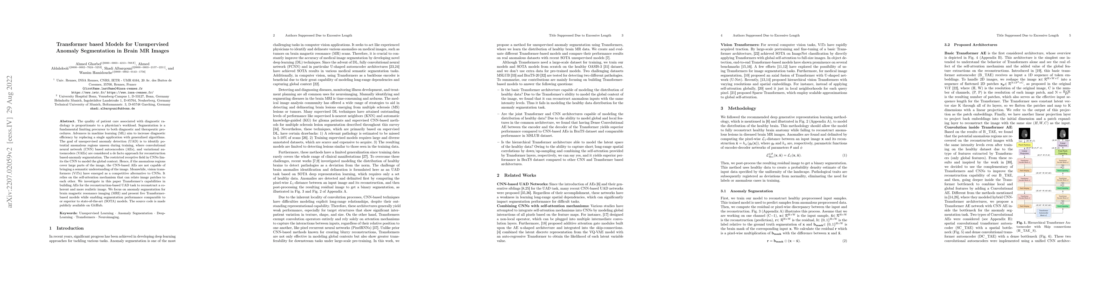 Thumbnail for Transformer based Models for Unsupervised Anomaly Segmentation in Brain
  MR Images