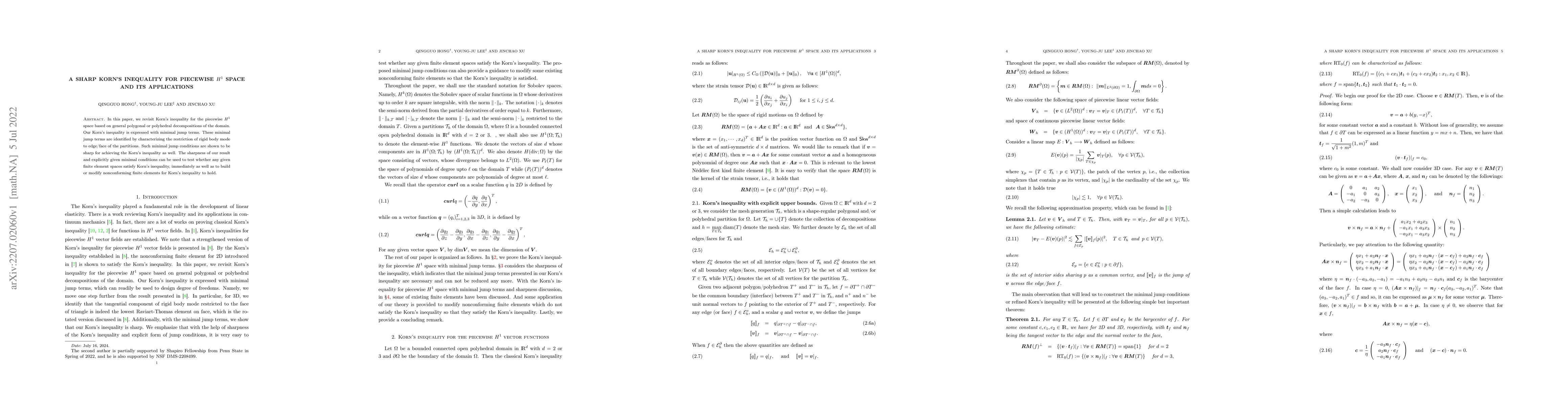 Thumbnail for A sharp Korn's inequality for piecewise $H^1$ space and its application