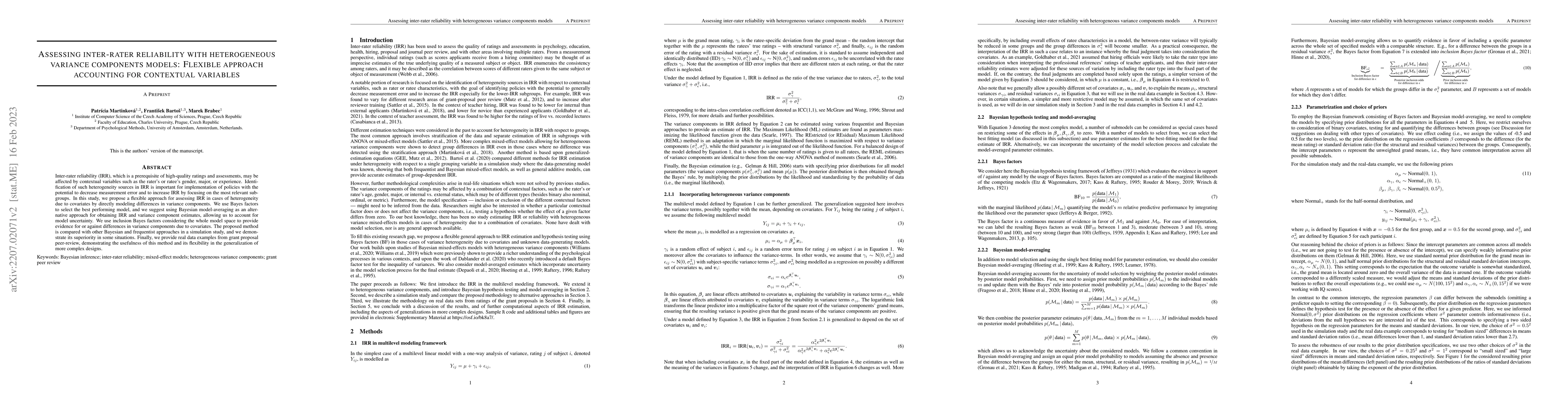 Thumbnail for Assessing inter-rater reliability with heterogeneous variance components
  models: Flexible approach accounting for contextual variables