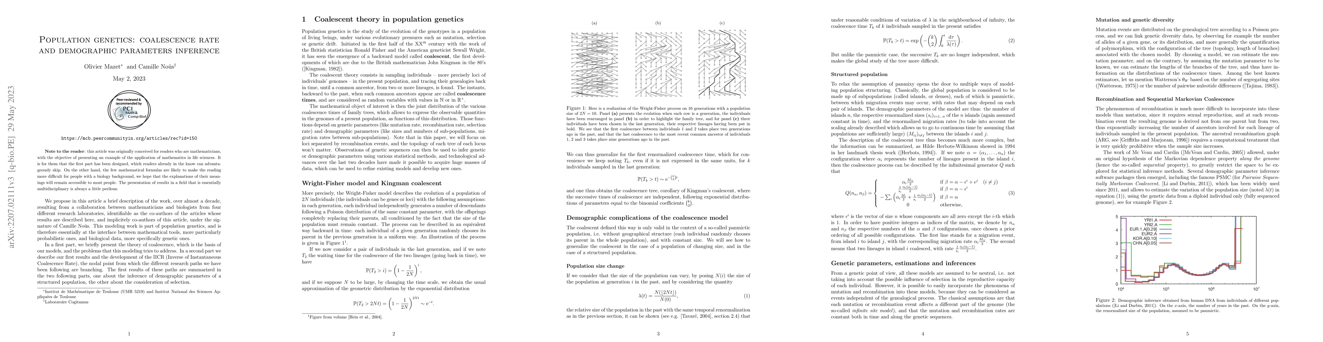 Thumbnail for Population genetics: coalescence rate and demographic parameters
  inference