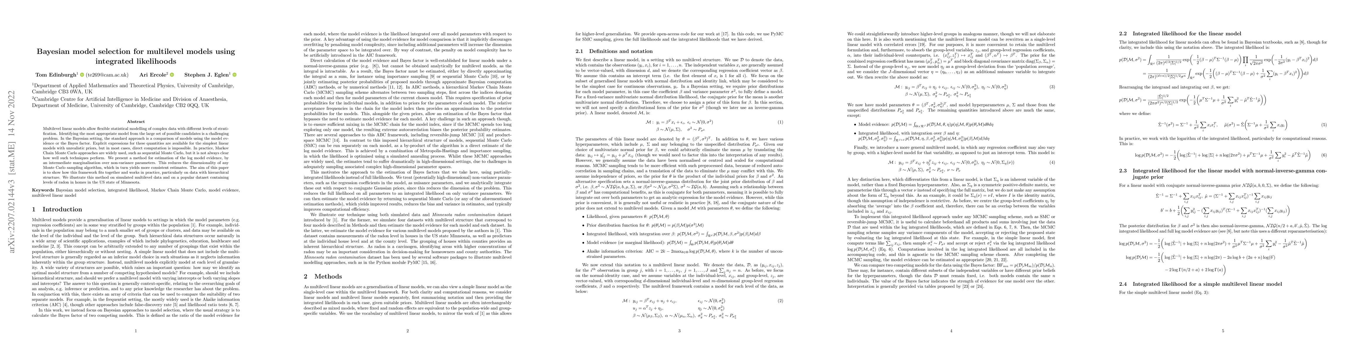 Thumbnail for Bayesian model selection for multilevel models using integrated
  likelihoods