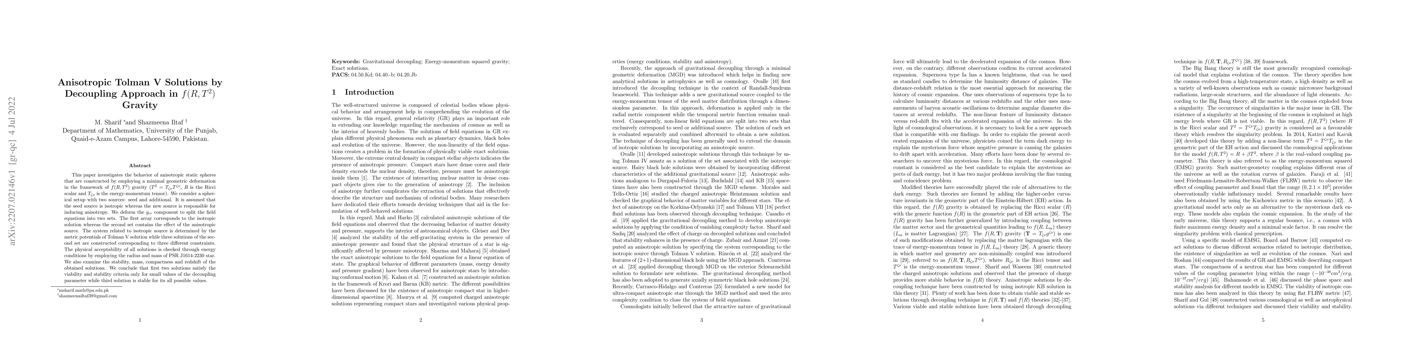 Thumbnail for Anisotropic Tolman V Solutions by Decoupling Approach in $f(R,T^{2})$
  Gravity