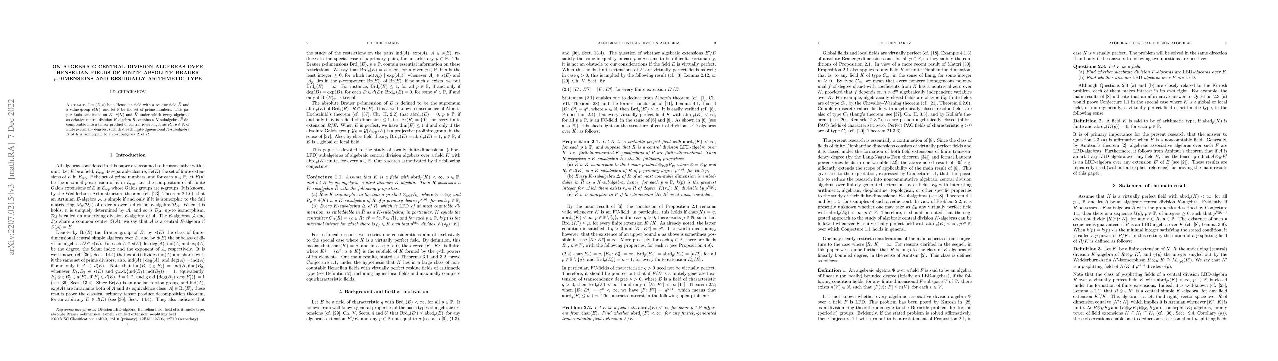 Thumbnail for On algebraic central division algebras over Henselian fields of finite
  absolute Brauer $p$-dimensions and residually arithmetic type