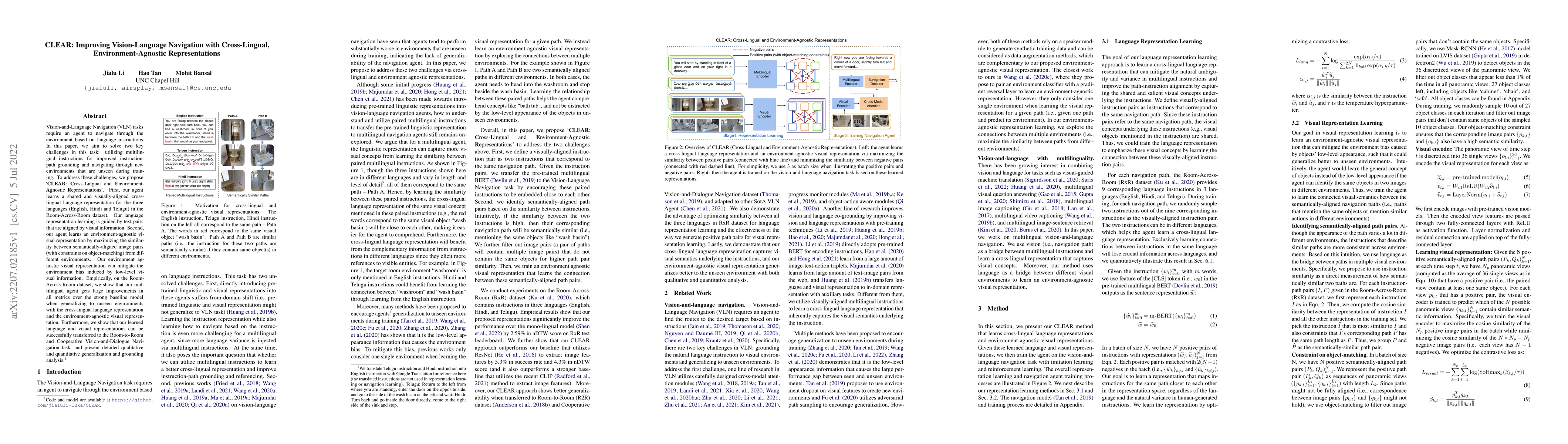 Thumbnail for CLEAR: Improving Vision-Language Navigation with Cross-Lingual,
  Environment-Agnostic Representations