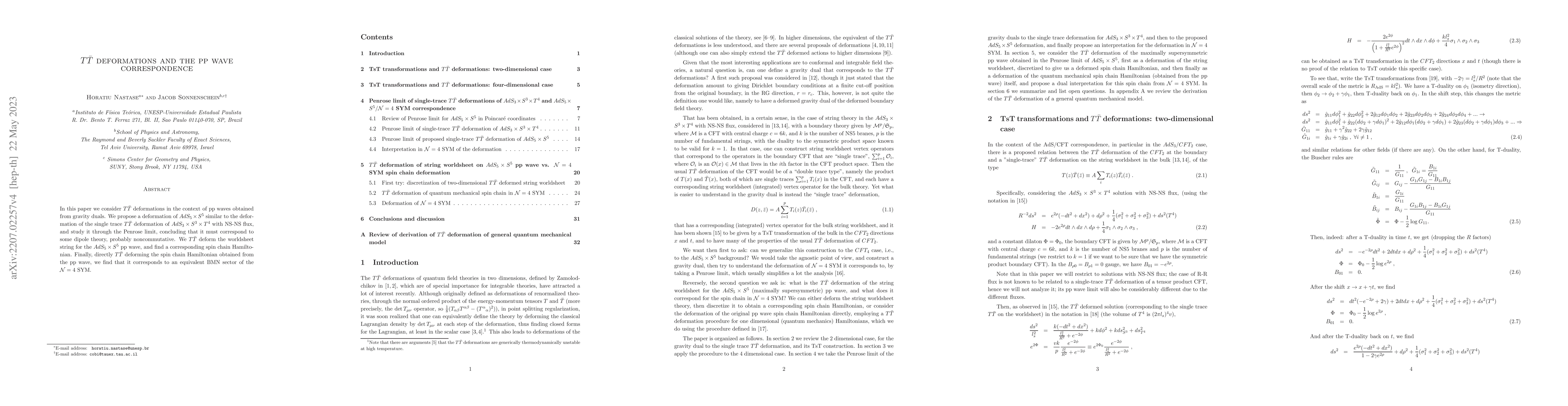 Thumbnail for $T\bar T$ deformations and the pp wave correspondence