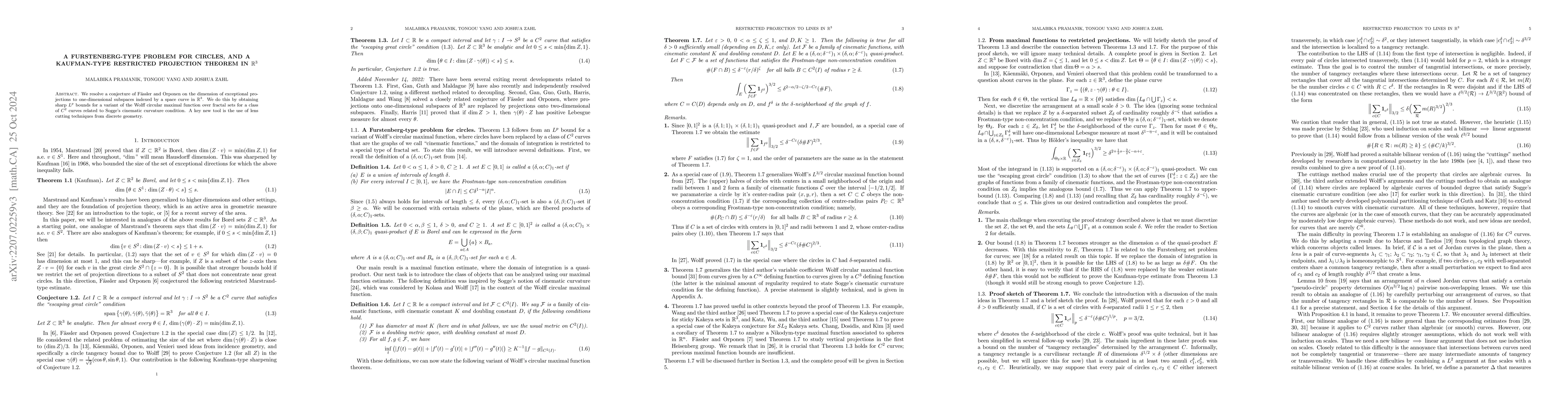 Thumbnail for A Furstenberg-type problem for circles, and a Kaufman-type restricted
  projection theorem in $\mathbb{R}^3$