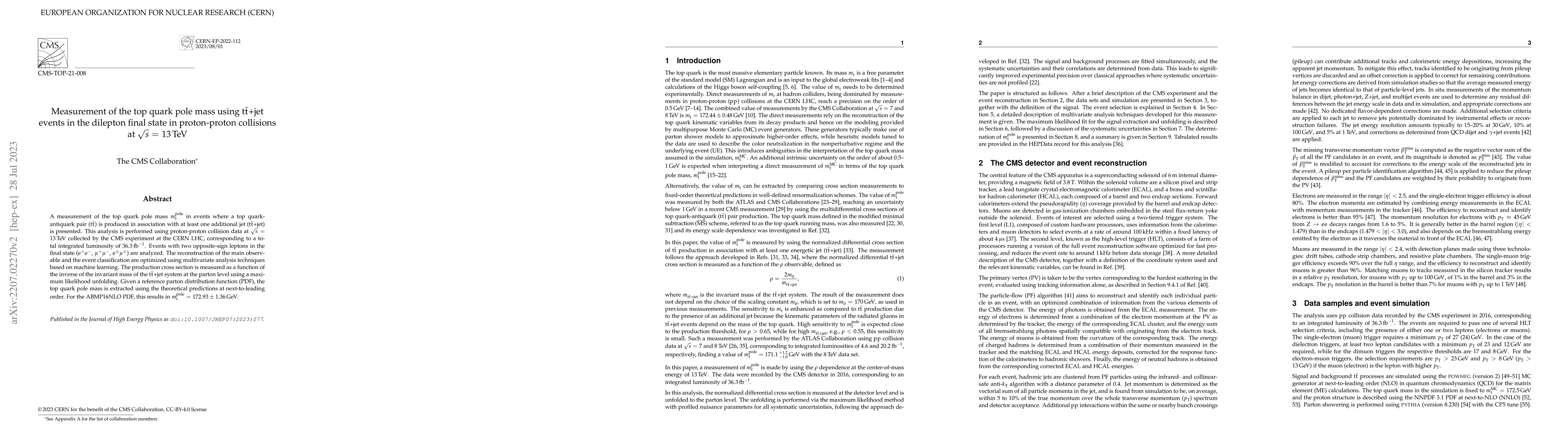 Thumbnail for Measurement of the top quark pole mass using $\mathrm{t\bar{t}}$+jet
  events in the dilepton final state in proton-proton collisions at $\sqrt{s}$
  = 13 TeV