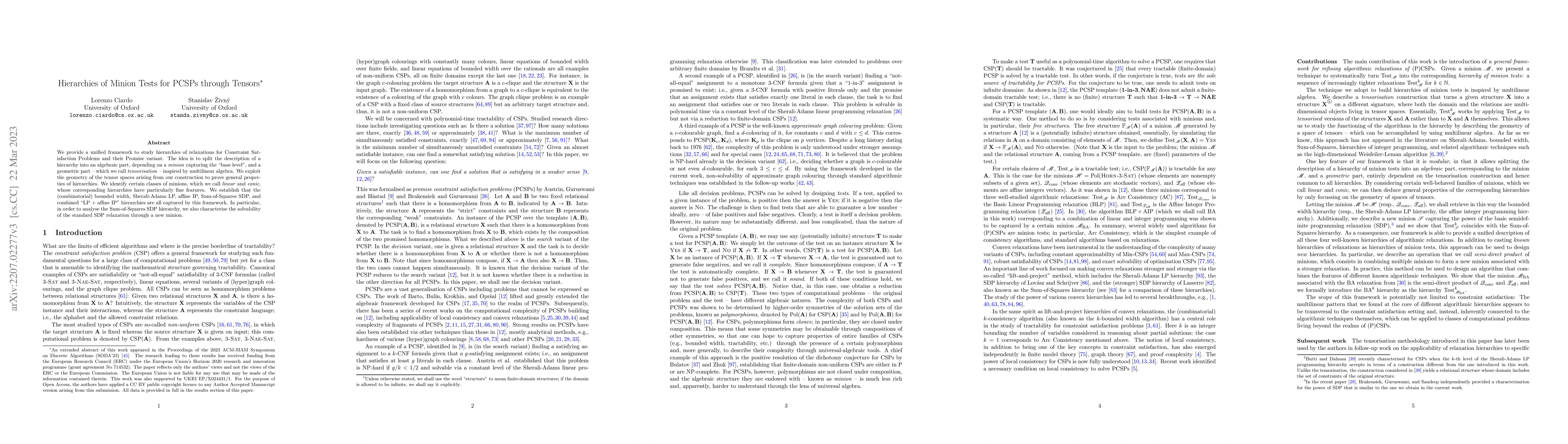 Thumbnail for Hierarchies of Minion Tests for PCSPs through Tensors