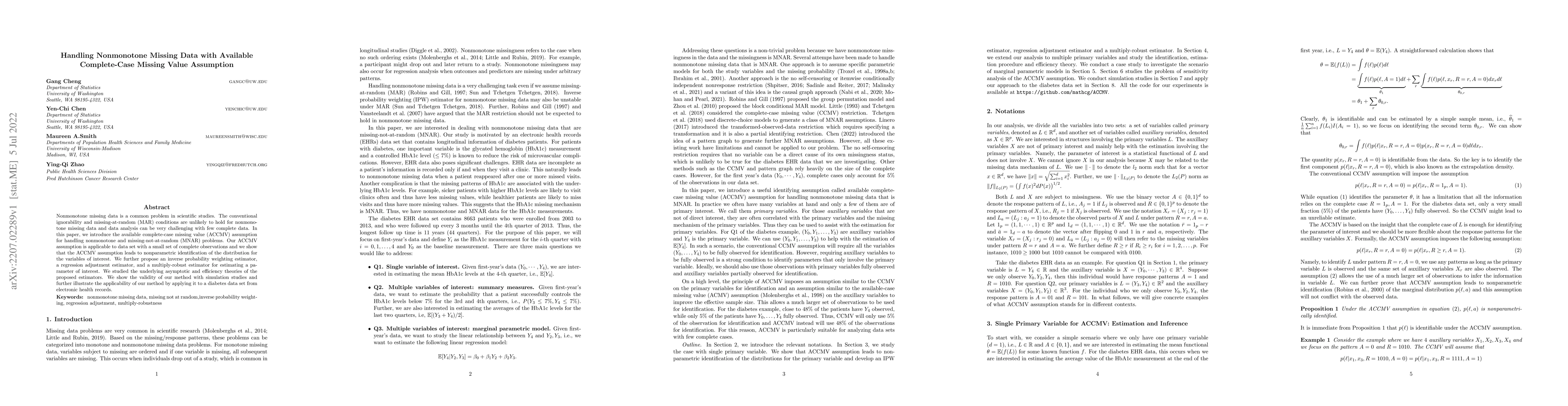 Thumbnail for Handling Nonmonotone Missing Data with Available Complete-Case Missing
  Value Assumption