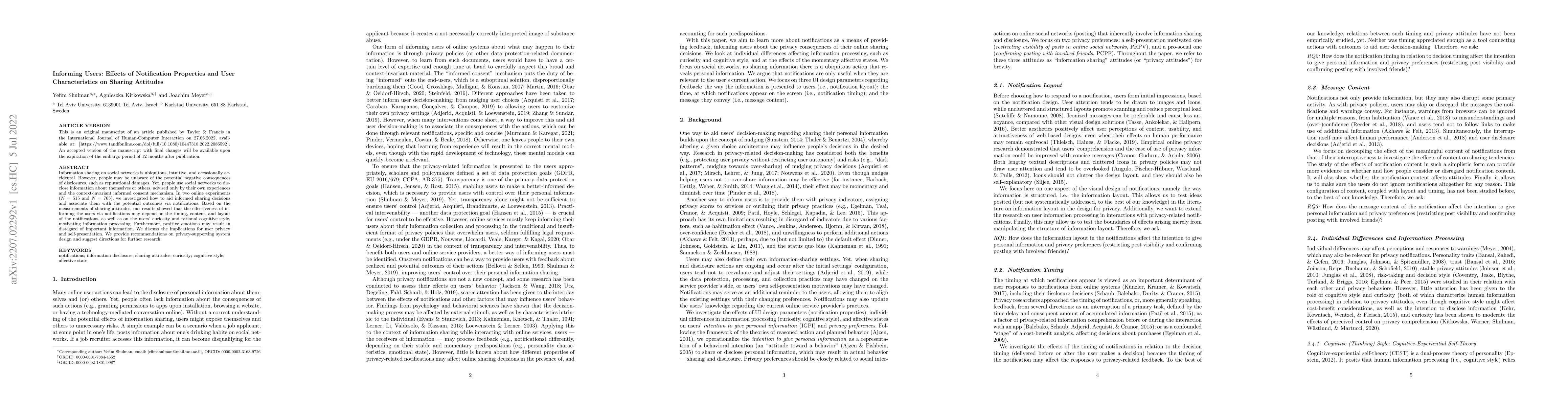 Thumbnail for Informing Users: Effects of Notification Properties and User
  Characteristics on Sharing Attitudes