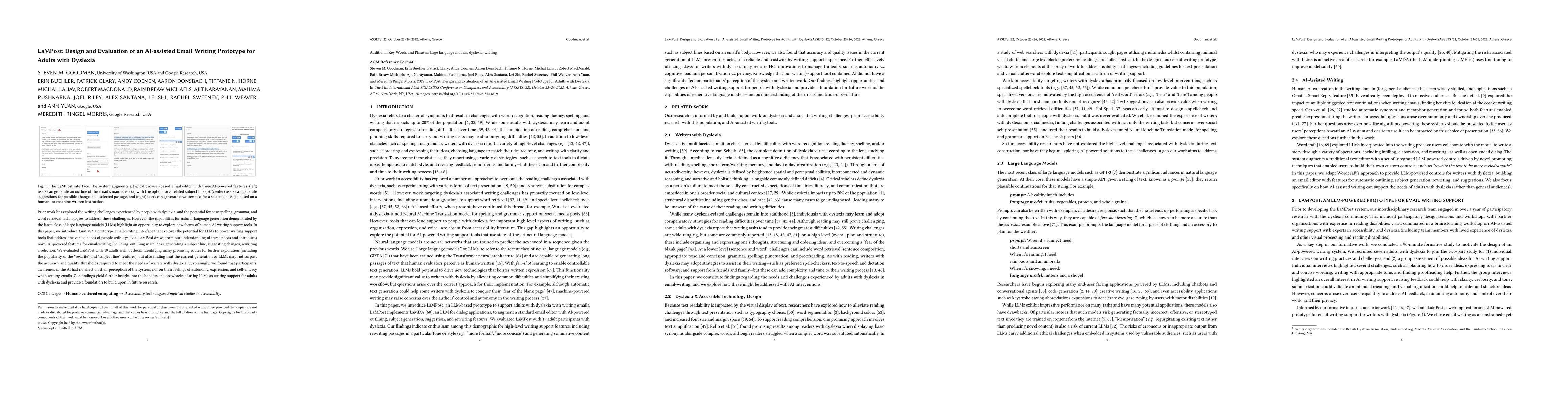 Thumbnail for LaMPost: Design and Evaluation of an AI-assisted Email Writing Prototype
  for Adults with Dyslexia