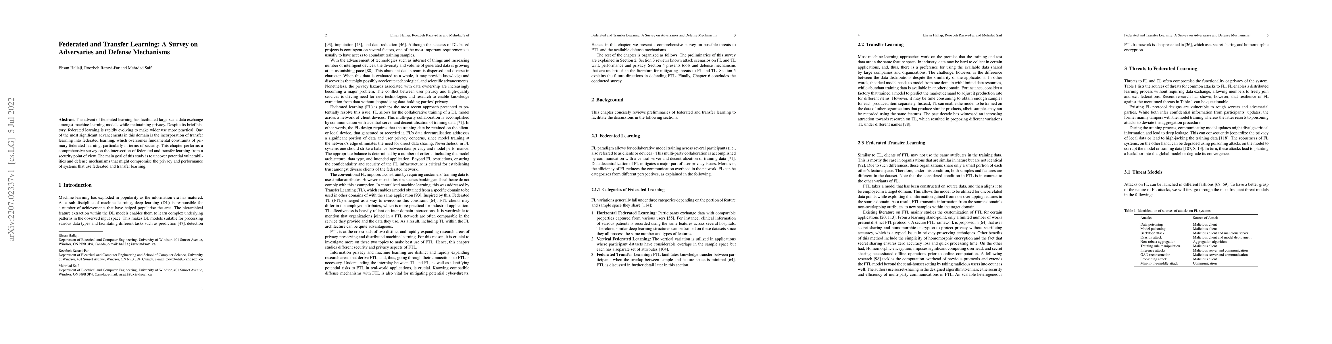 Thumbnail for Federated and Transfer Learning: A Survey on Adversaries and Defense
  Mechanisms