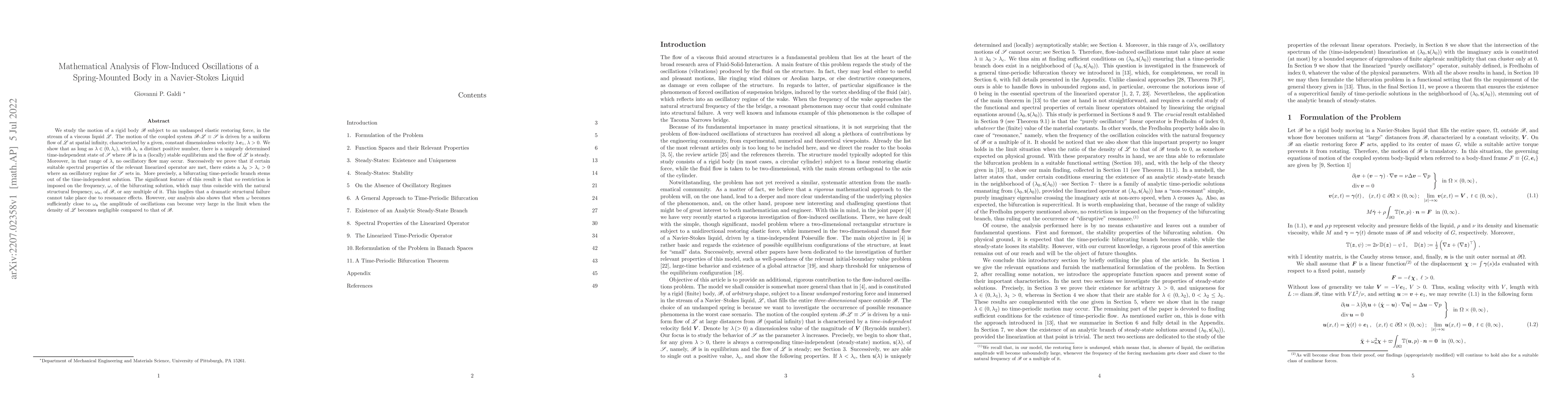 Thumbnail for Mathematical Analysis of Flow-Induced Oscillations of a Spring-Mounted
  Body in a Navier-Stokes Liquid