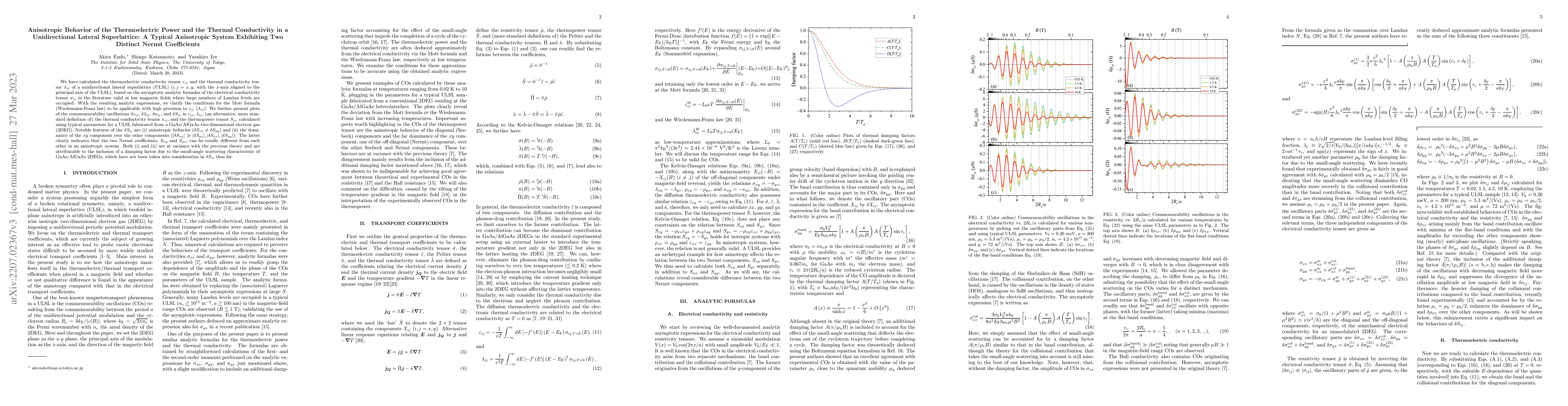 Thumbnail for Anisotropic Behavior of the Thermoelectric Power and the Thermal
  Conductivity in a Unidirectional Lateral Superlattice: A Typical Anisotropic
  System Exhibiting Two Distinct Nernst Coefficients
