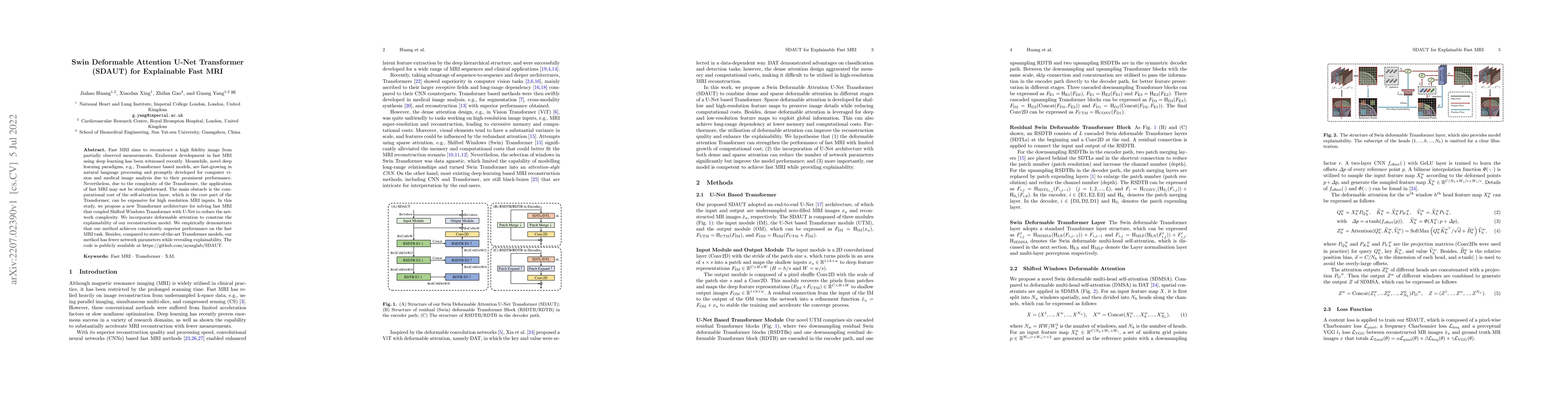 Thumbnail for Swin Deformable Attention U-Net Transformer (SDAUT) for Explainable Fast
  MRI