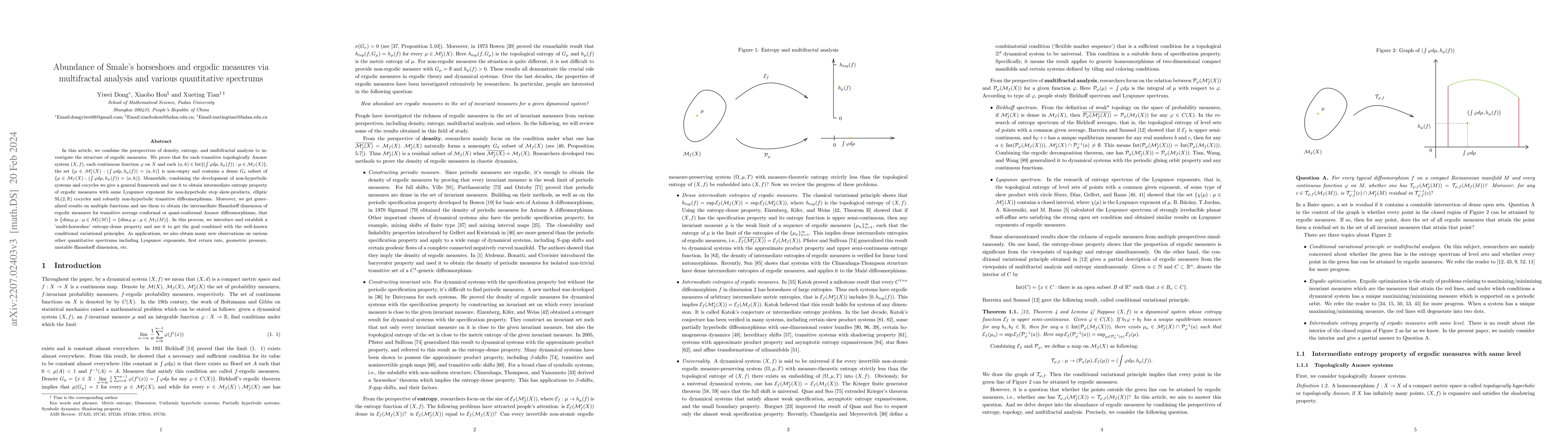 Thumbnail for Abundance of Smale's horseshoes and ergodic measures via multifractal
  analysis and various quantitative spectrums