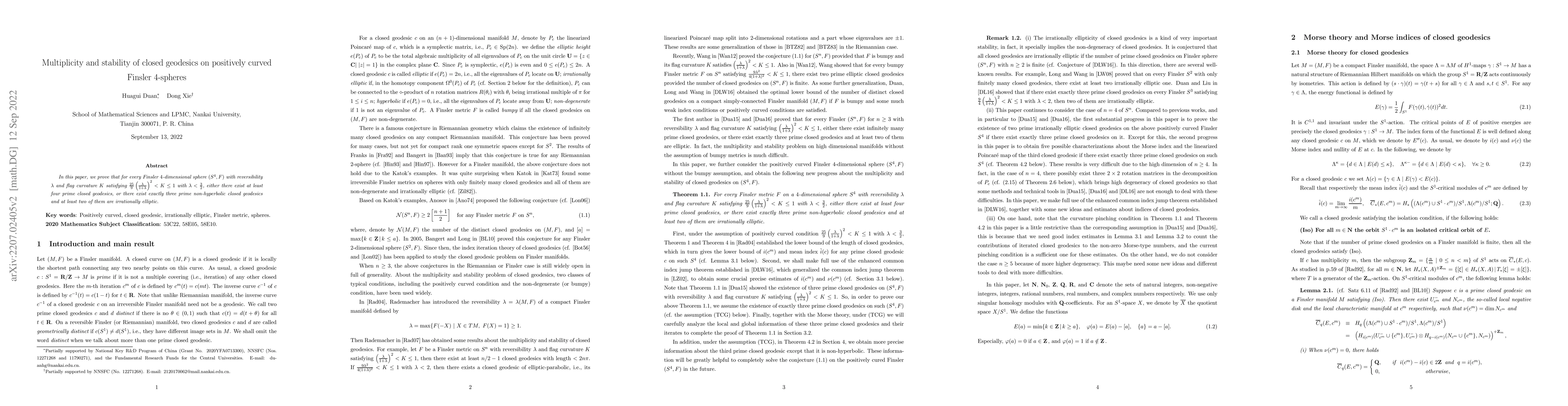 Thumbnail for Multiplicity and stability of closed geodesics on positively curved
  Finsler $4$-spheres