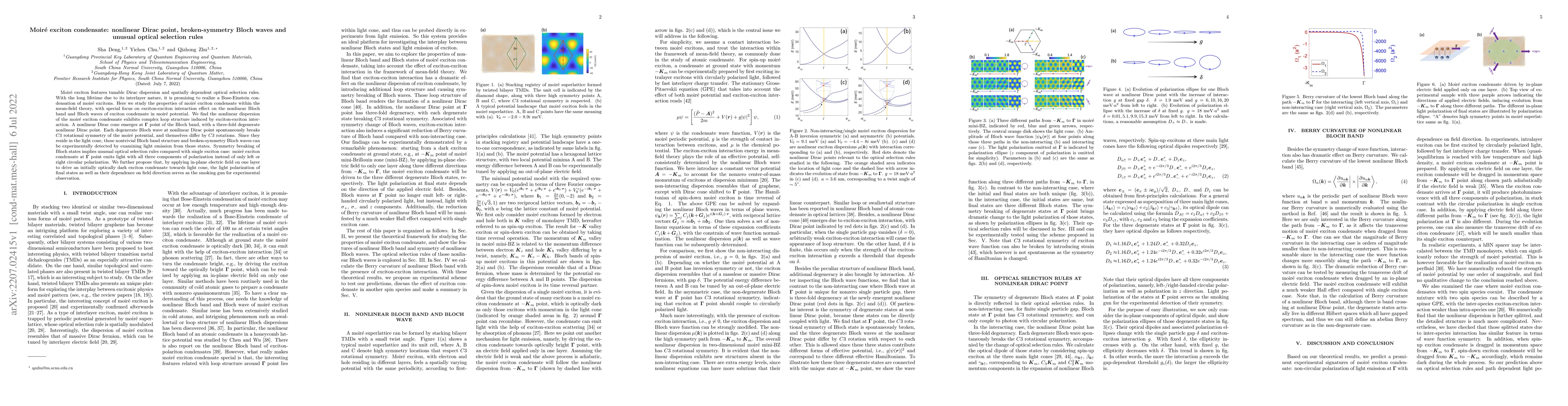 Thumbnail for Moir\'e exciton condensate: nonlinear Dirac point, broken-symmetry Bloch
  waves and unusual optical selection rules