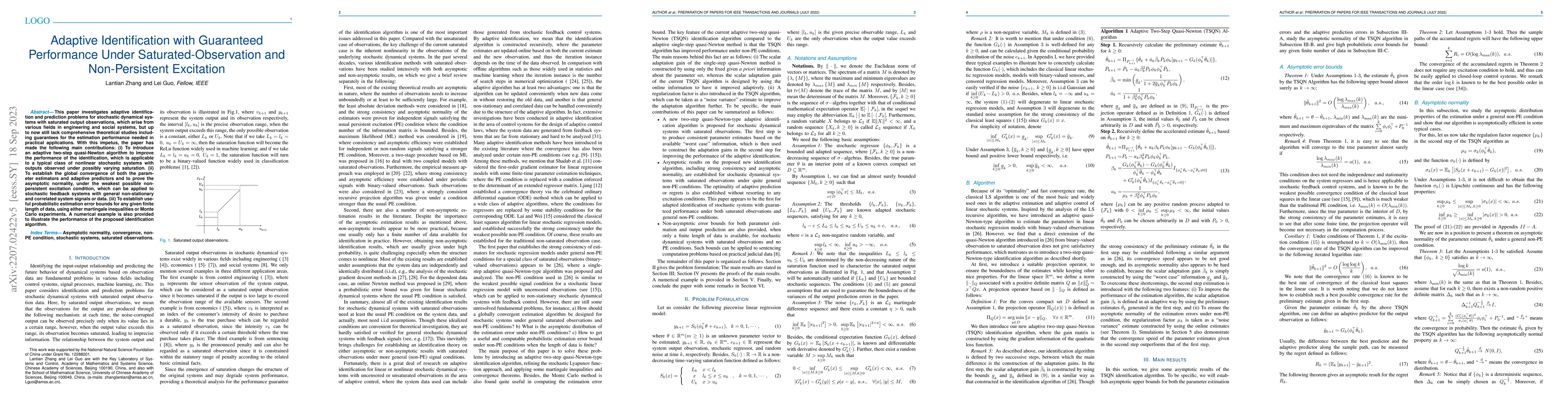 Thumbnail for Adaptive Identification with Guaranteed Performance Under
  Saturated-Observation and Non-Persistent Excitation