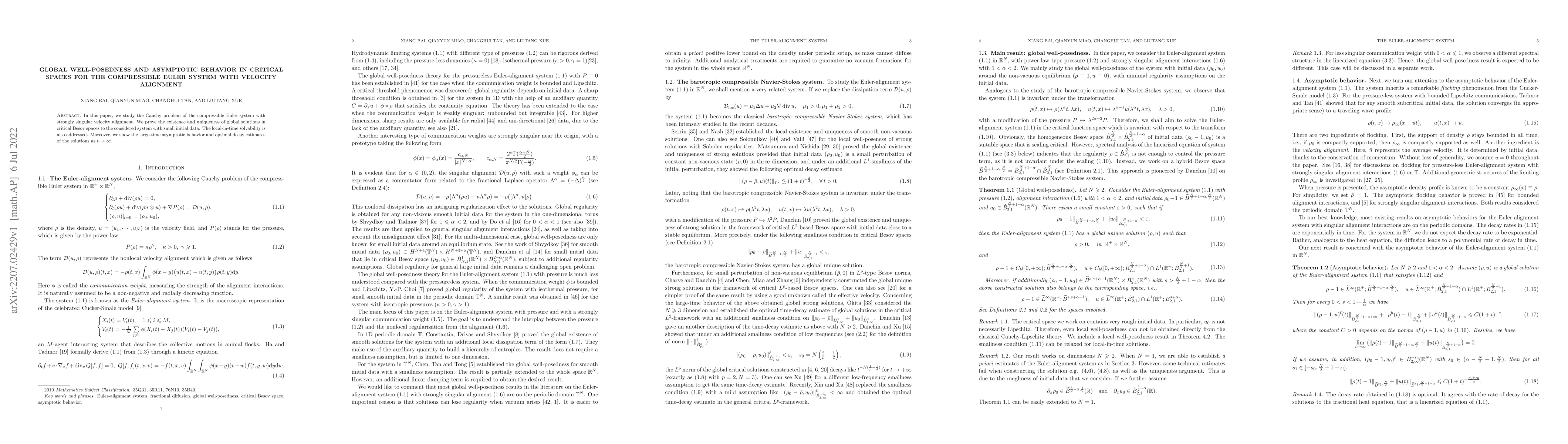 Thumbnail for Global well-posedness and asymptotic behavior in critical spaces for the
  compressible Euler system with velocity alignment