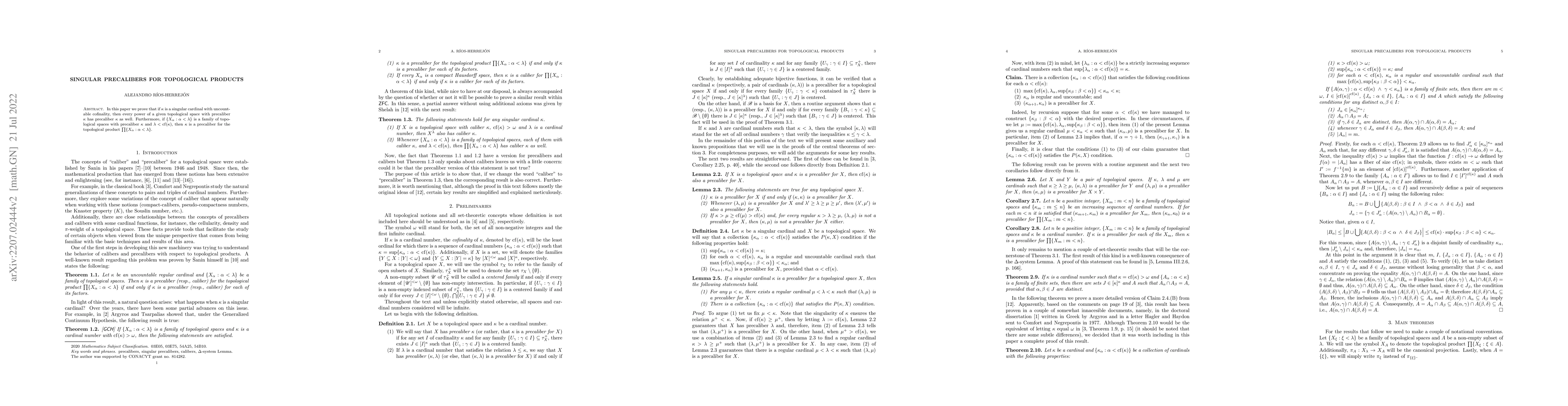 Thumbnail for Singular precalibers for topological products