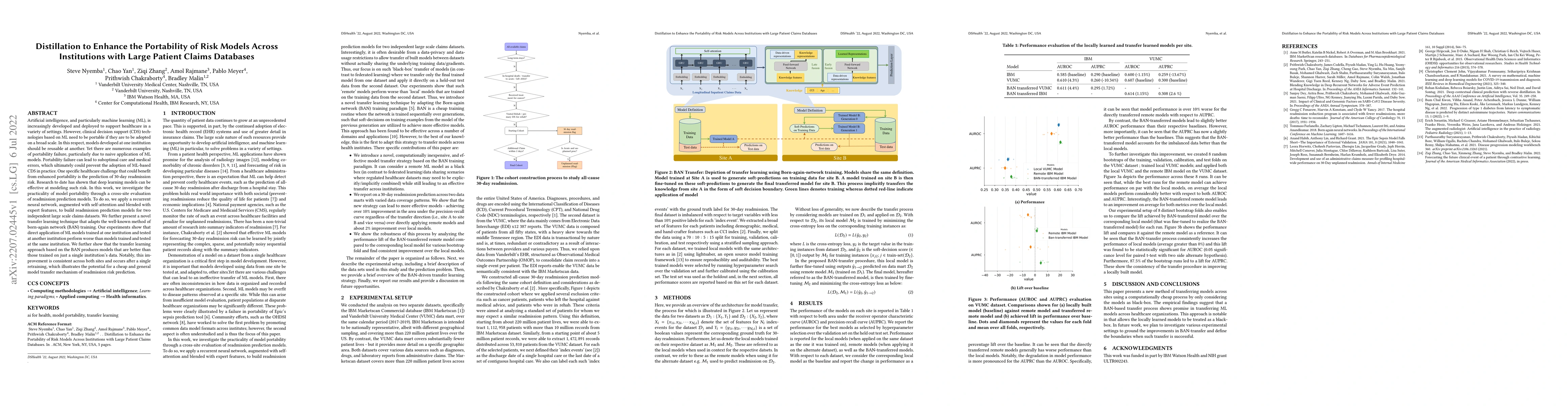 Thumbnail for Distillation to Enhance the Portability of Risk Models Across
  Institutions with Large Patient Claims Database