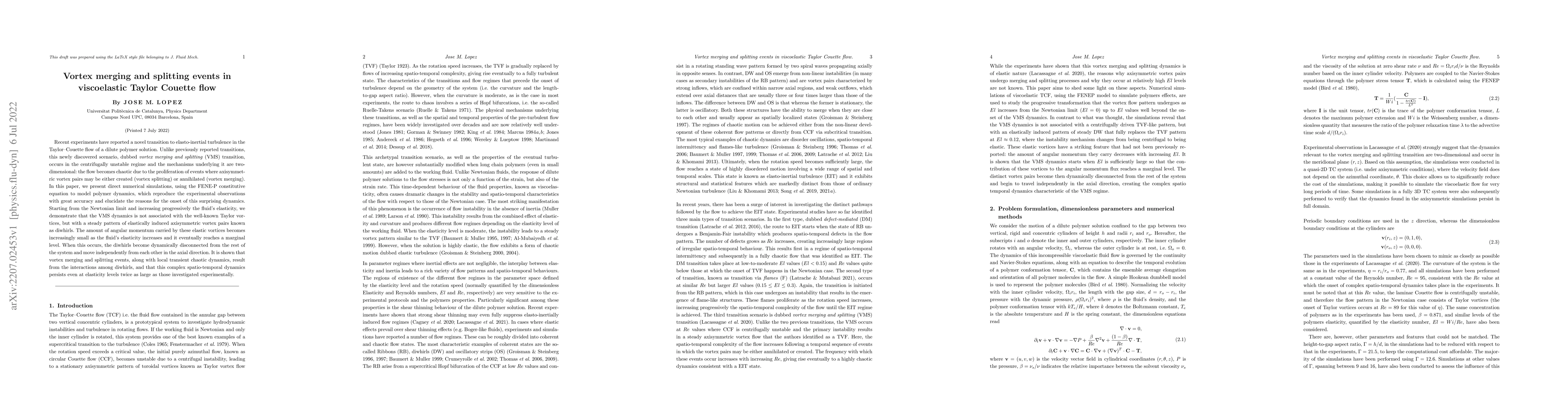 Thumbnail for Vortex merging and splitting events in viscoelastic Taylor Couette flow