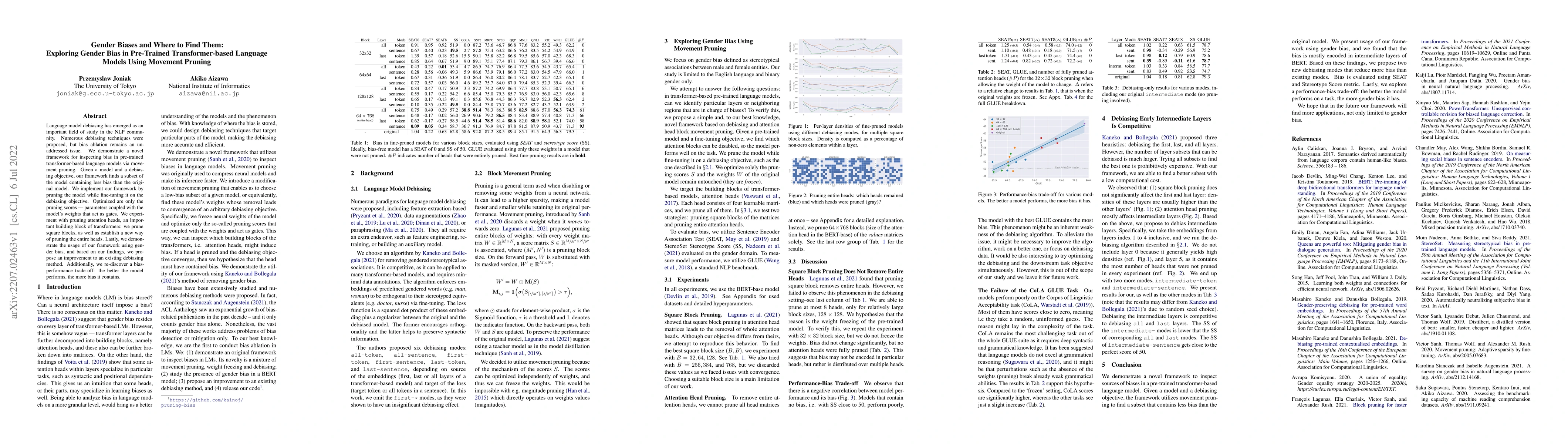 Thumbnail for Gender Biases and Where to Find Them: Exploring Gender Bias in
  Pre-Trained Transformer-based Language Models Using Movement Pruning