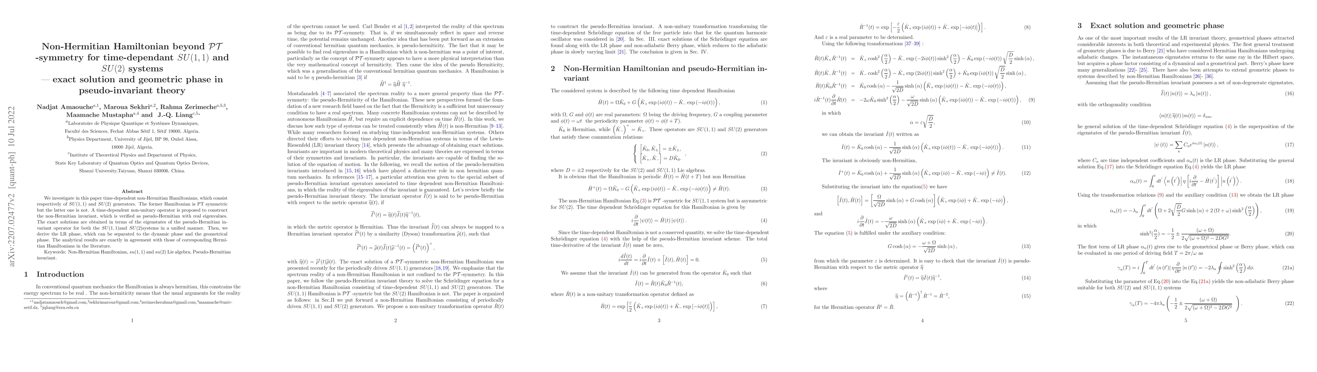 Thumbnail for Non-Hermitian Hamiltonian beyond PT-symmetry for time-dependant SU(1,1)
  and SU(2) systems -- exact solution and geometric phase in pseudo-invariant
  theory