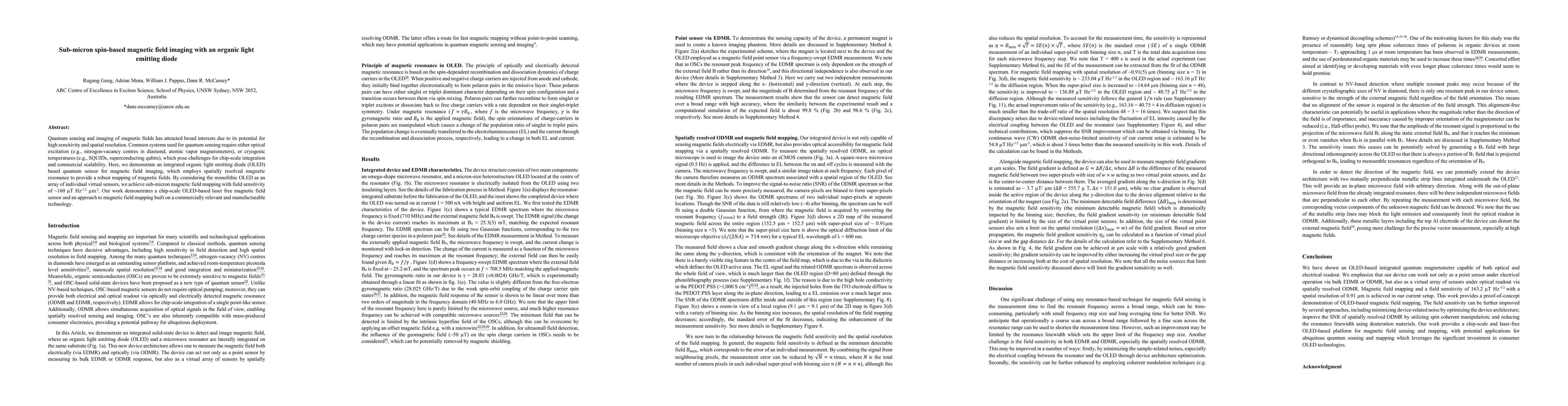 Thumbnail for Sub-micron spin-based magnetic field imaging with an organic light
  emitting diode