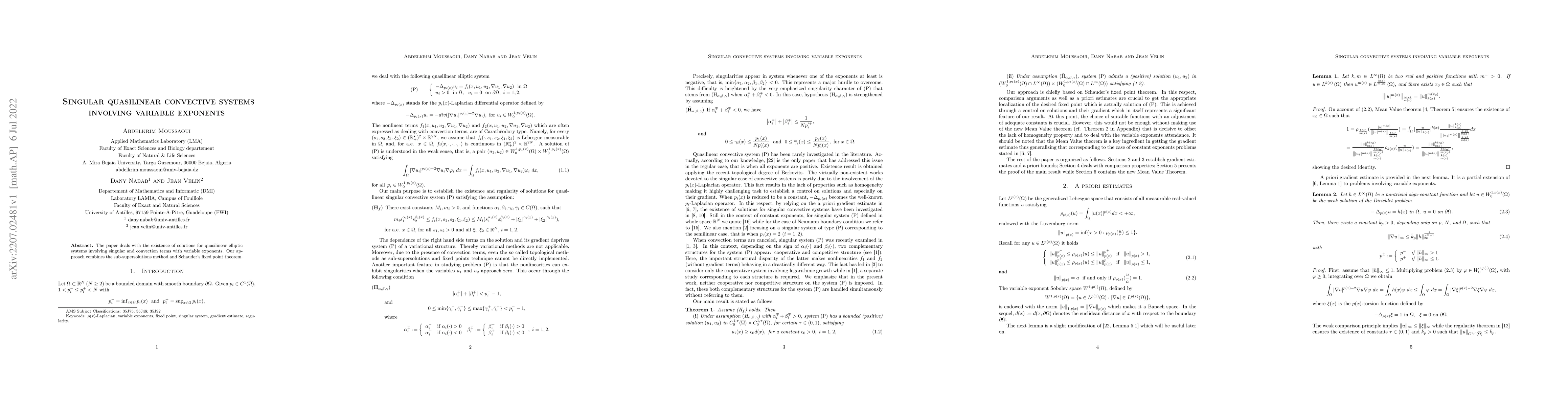 Thumbnail for Singular quasilinear convective systems involving variable exponents
