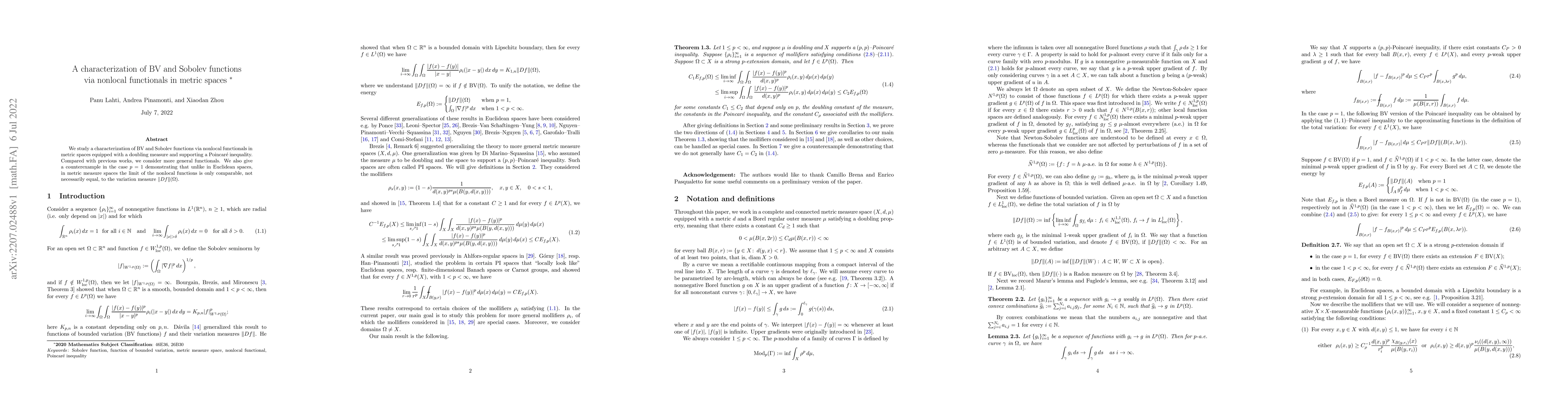 Thumbnail for A characterization of BV and Sobolev functions via nonlocal functionals
  in metric spaces