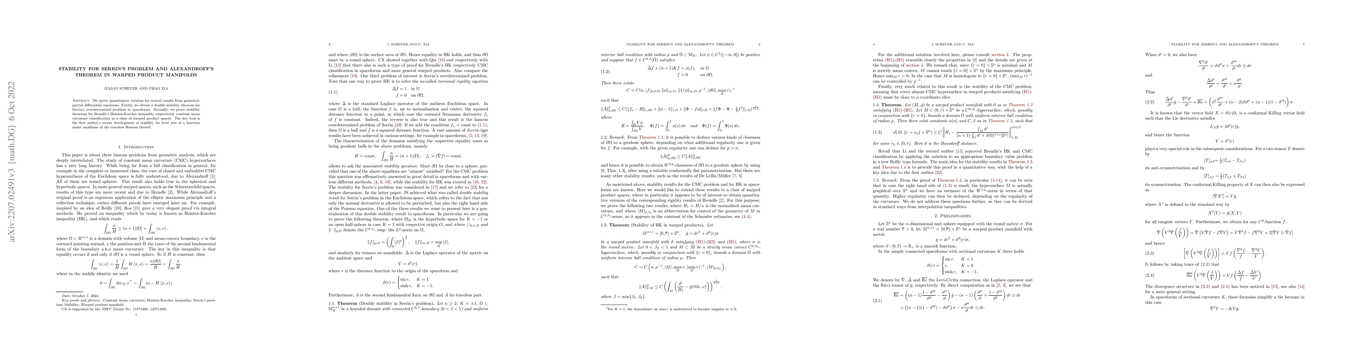Thumbnail for Stability for Serrin's problem and Alexandroff's theorem in warped
  product manifolds