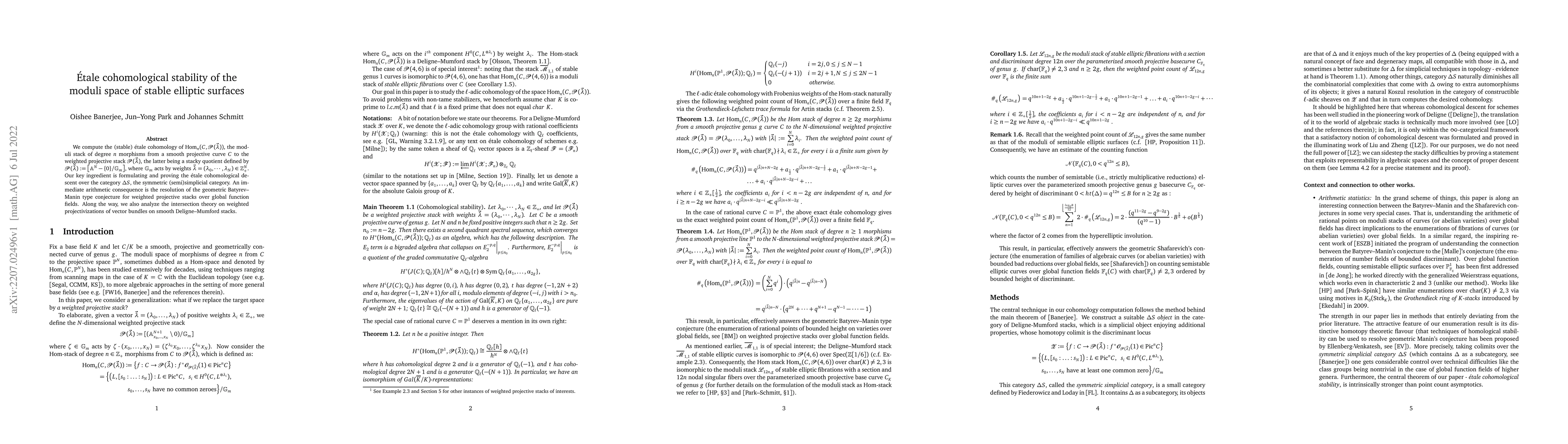 Thumbnail for \'Etale cohomological stability of the moduli space of stable elliptic
  surfaces