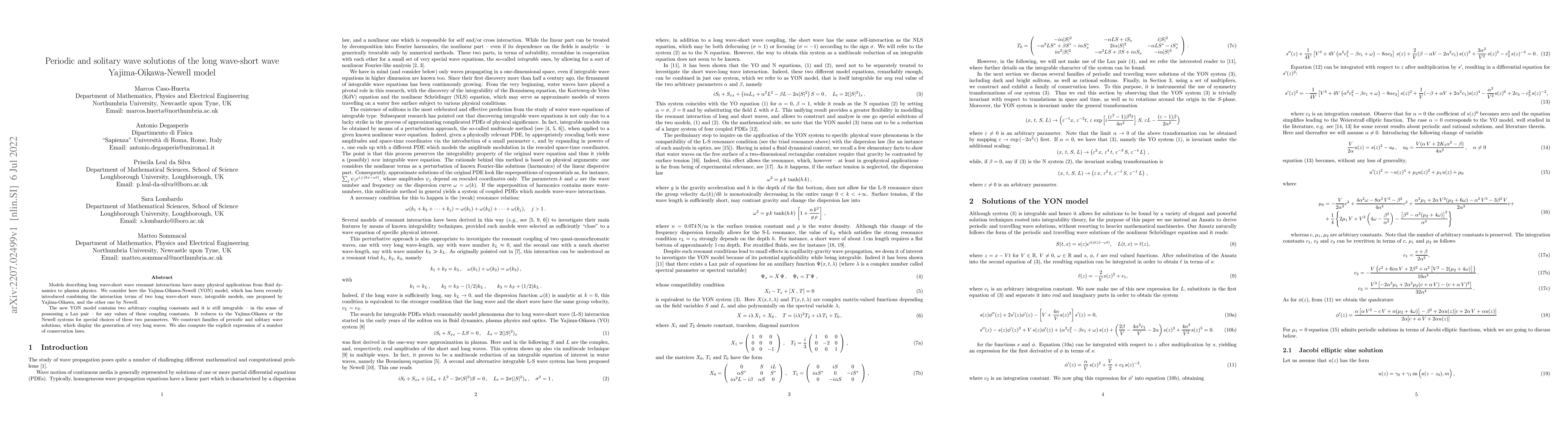 Thumbnail for Periodic and solitary wave solutions of the long wave-short wave
  Yajima-Oikawa-Newell model