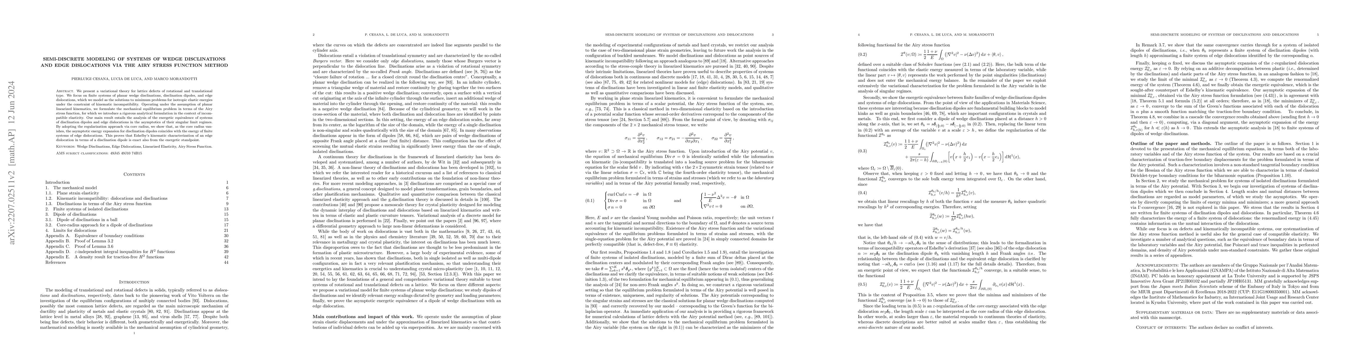 Thumbnail for Semi-discrete modeling of systems of wedge disclinations and edge
  dislocations via the Airy stress function method